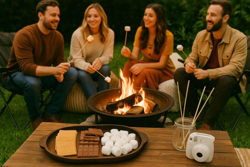 Four friends gathered around a backyard fire pit at a birthday picnic, roasting marshmallows on skewers while seated on poufs and folding chairs. In the foreground, a wooden table holds s’mores ingredients—graham crackers, chocolate bars, marshmallows—and a jar of roasting sticks alongside an instant camera. The warm firelight and surrounding greenery create a cozy, relaxed atmosphere perfect for ending the evening with s’mores and conversation.