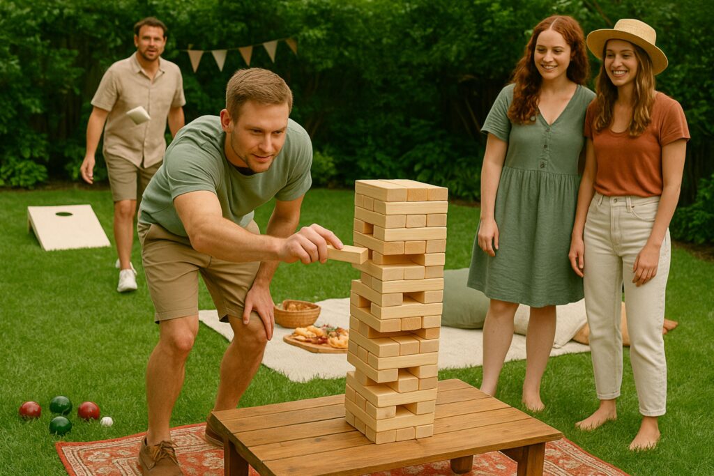 Backyard birthday picnic with adults playing giant Jenga on a wooden table, surrounded by green grass and trees. One man carefully pulls a Jenga block while two women watch and smile. Another guest tosses a bean bag toward a cornhole board in the background. A picnic setup with snacks and drinks is nearby, creating a fun and interactive atmosphere perfect for birthday picnic games and group activities.