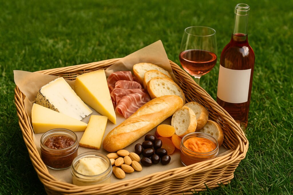 Gourmet birthday picnic basket on green grass, filled with artisanal cheeses, thinly sliced cured meats, fresh baguette slices, dried fruits, chocolate-covered nuts, and mini jars of gourmet spreads. A bottle and glass of chilled rosé wine complete this elegant adult picnic setup, perfect for upscale birthday picnic ideas with a luxurious and relaxed outdoor vibe.