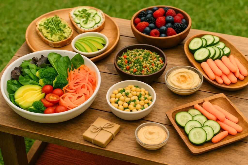 Healthy birthday picnic food spread on a wooden table, featuring a variety of colorful and nutritious options including a fresh green salad with avocado, broccoli, cherry tomatoes, and shredded carrots; bowls of chickpeas, tabbouleh, and mixed berries; cucumber and carrot sticks with hummus; and open-faced avocado and cucumber sandwiches. The picnic setup emphasizes balanced and inclusive meal ideas perfect for health-conscious birthday celebrations.