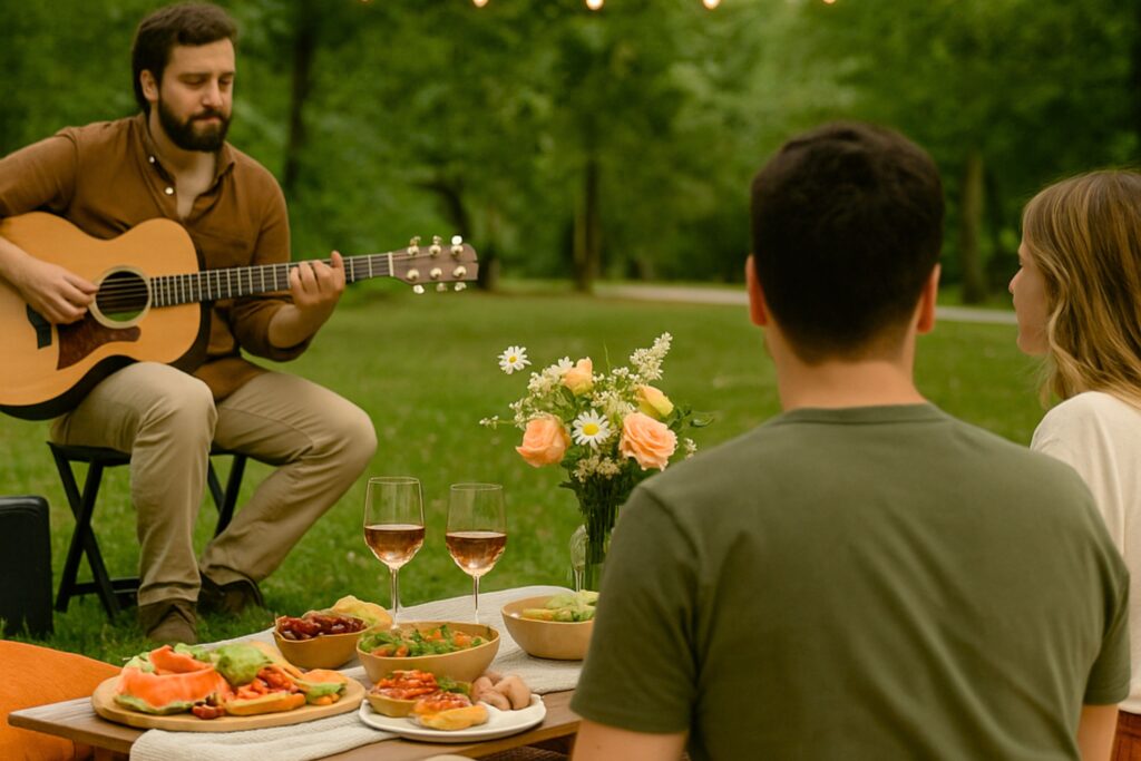 Outdoor birthday picnic with live acoustic guitar performance in a park setting. Guests sit on a blanket around a low wooden table topped with fresh food, fruit platters, salads, wine glasses, candles, and a floral centerpiece. Trees in the background create a relaxed, music-filled atmosphere perfect for adult birthday picnic ideas with live entertainment.