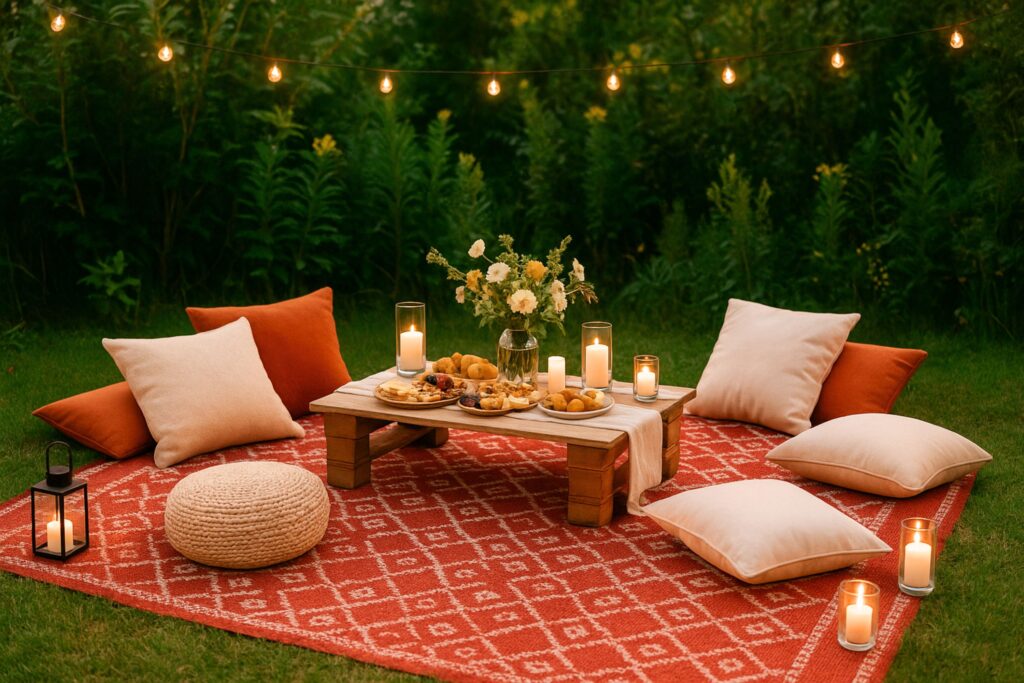Outdoor lounge-style birthday picnic setup with a red and white patterned rug, low wooden table, and warm candlelight creating a cozy ambiance. Surrounded by plush cream and terracotta cushions, the scene includes elegant floral arrangements, assorted finger foods, and string lights overhead. Lush greenery and blooming plants in the background enhance the relaxed, intimate atmosphere—ideal for adult birthday picnic ideas focused on comfort and style.