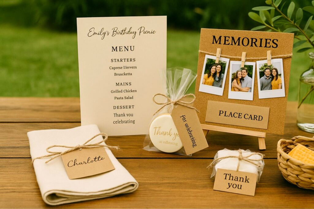 Personalized birthday picnic table setup featuring a custom printed menu titled “Emily’s Birthday Picnic,” a name card tied to a folded napkin labeled “Charlotte,” a wrapped cookie with a thank-you tag, and a corkboard memory display with Polaroid-style photos. Additional details include a mini gift wrapped in twine, a place card holder, and a small woven basket on a wooden table with greenery in the background—highlighting thoughtful picnic decor ideas for a meaningful birthday celebration.