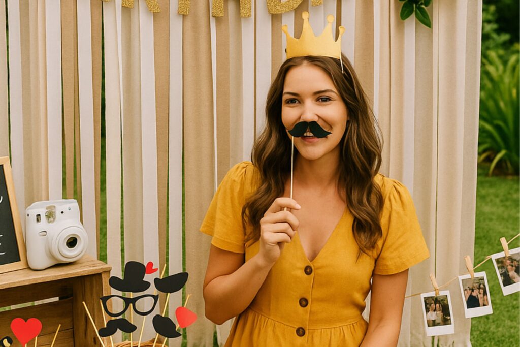 Smiling woman at a birthday picnic photo booth wearing a yellow dress and gold paper crown, holding a mustache prop in front of her face. Behind her is a beige striped backdrop with a floral garland, Polaroid prints, and playful photo booth accessories including glasses, hats, and hearts displayed in baskets and on sticks.