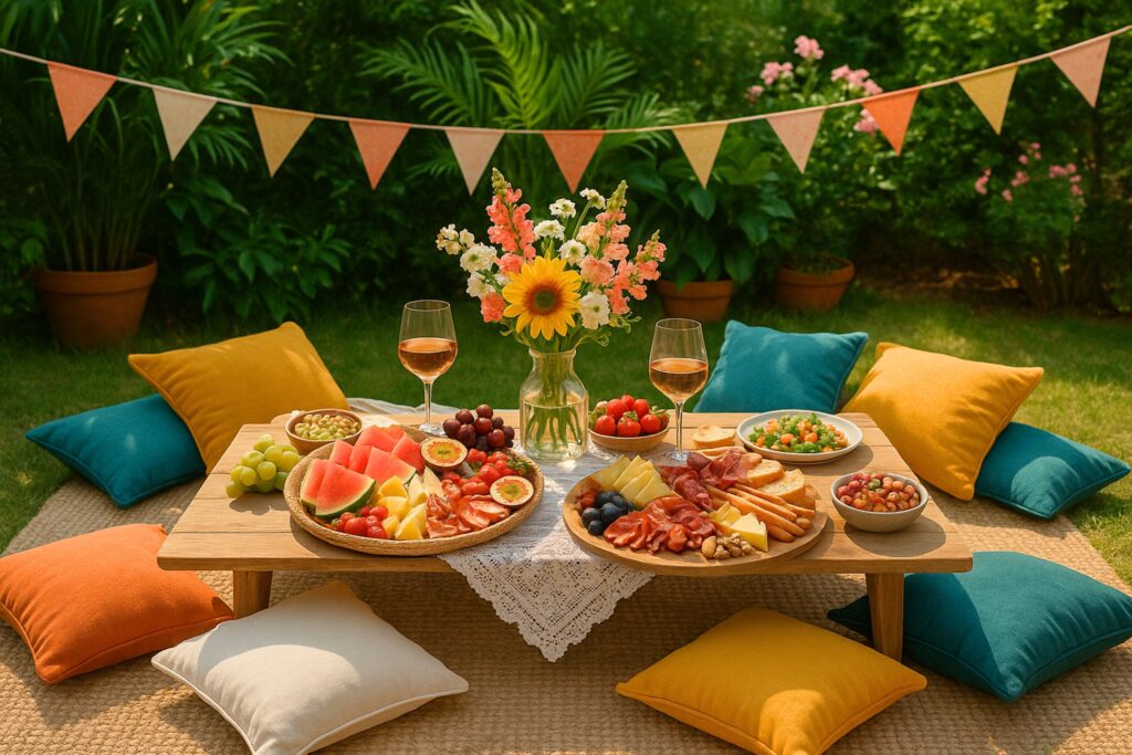 Themed birthday picnic setup in a garden featuring a low wooden picnic table with gourmet charcuterie boards, fresh fruit platters, colorful salad bowls, two glasses of rosé wine, and a vibrant flower arrangement in a glass vase. Surrounded by multicolored cushions and lush greenery, this stylish outdoor picnic scene highlights elegant birthday picnic ideas for adults with a cozy and festive atmosphere.