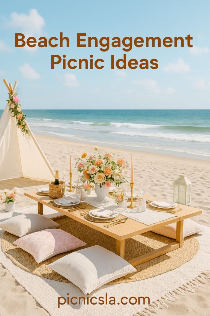 Daytime beach engagement picnic setup on the sand with a low wooden table decorated with floral centerpieces, golden candlesticks, champagne, and elegant tableware. Surrounded by cushions, a canopy tent, lanterns, and the ocean waves in the background