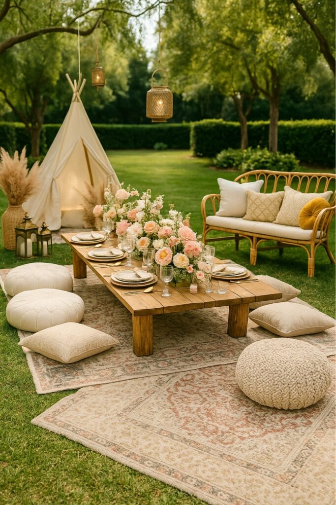 Luxury boho garden engagement picnic setup featuring a low wooden table decorated with gold cutlery, glassware, and lush floral arrangements of blush and cream roses. The table is set on layered patterned rugs, surrounded by soft cushions and poufs. A small teepee, hanging lanterns, and rattan sofa add to the stylish boho ambiance, with green trees and a landscaped garden in the background.