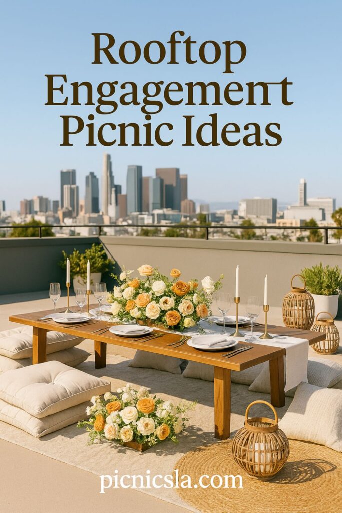 Luxury rooftop engagement picnic during the day overlooking a city skyline. A wooden table is styled with white plates, gold flatware, crystal glasses, and a lush floral arrangement of yellow and white roses. Surrounded by soft floor cushions, wicker lanterns, and potted plants.