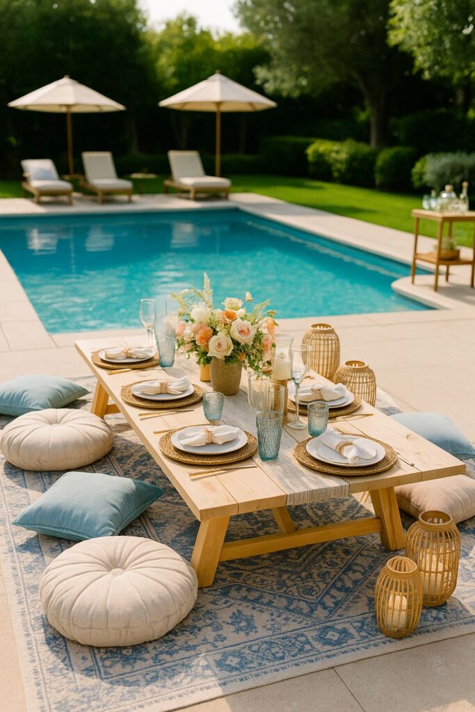 Daytime luxury pool engagement picnic setup with a low wooden table styled with pastel floral arrangements, crystal glassware, and silver cutlery. The table is surrounded by colorful cushions and rugs, with striped umbrellas providing shade. A turquoise pool reflects the bright daylight, creating a festive and elegant outdoor picnic celebration.