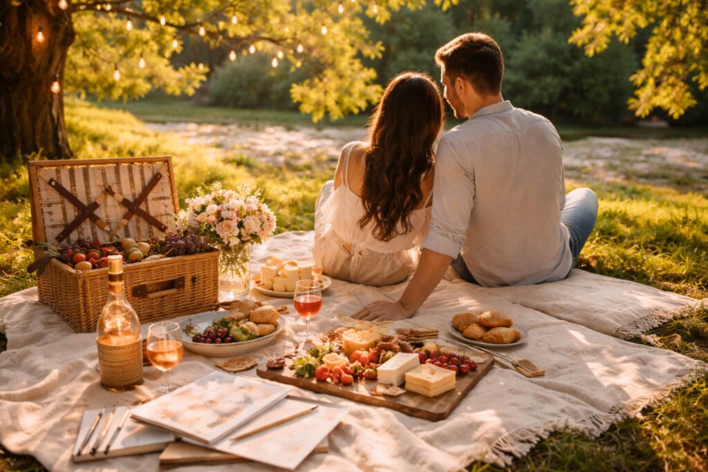 Picnic date ideas shown in a park setting with a couple sitting on a blanket, featuring a charcuterie board, picnic basket, wine glasses, soft string lights, and a relaxed outdoor date setup.
