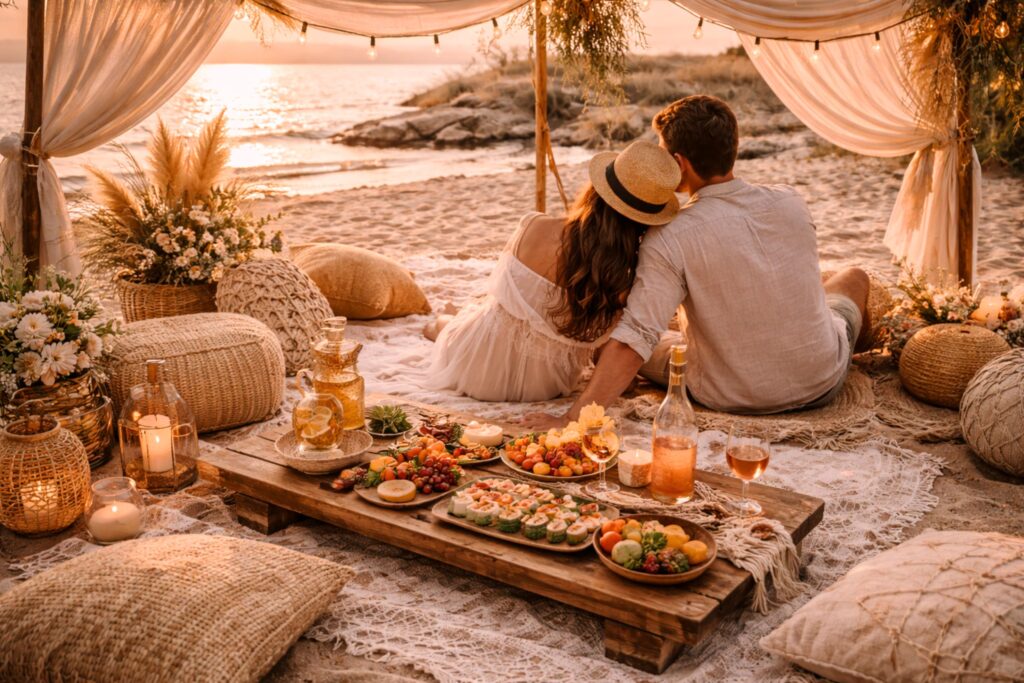Boho-style picnic date ideas shown in a beach setup with a couple seated under a fabric canopy, featuring low wooden table, sushi platters, fresh fruit, woven cushions, candles, and relaxed coastal setting.