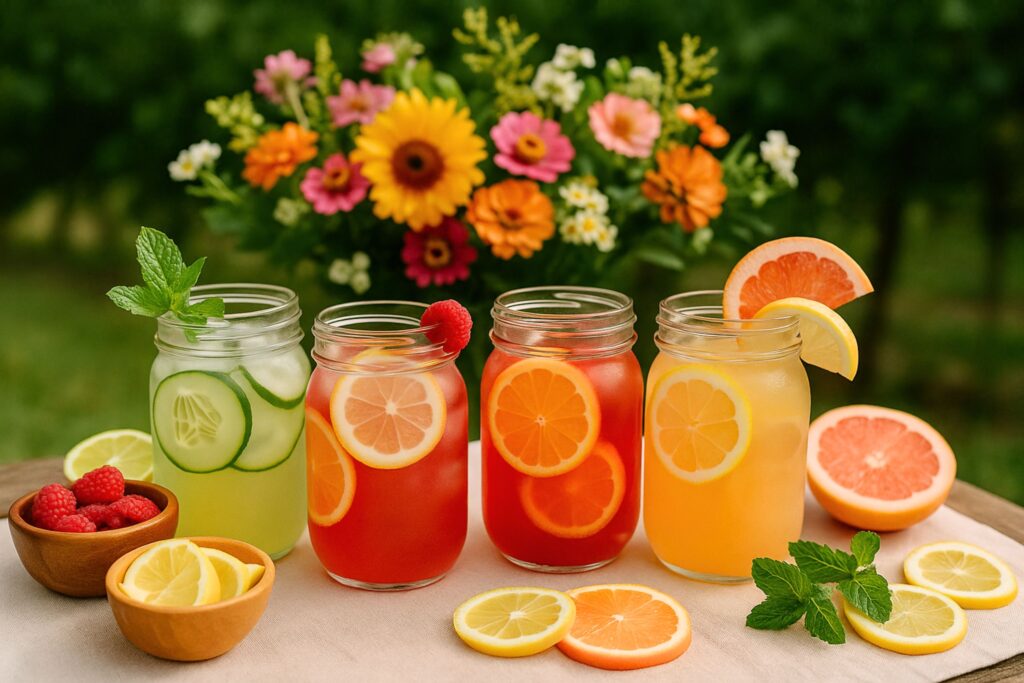 Colorful lineup of summer mocktails in mason jars garnished with lemon, orange, cucumber, mint, raspberry, and grapefruit, arranged on a picnic table with fresh citrus slices and bowls of fruit, set against a vibrant garden with blooming flowers.