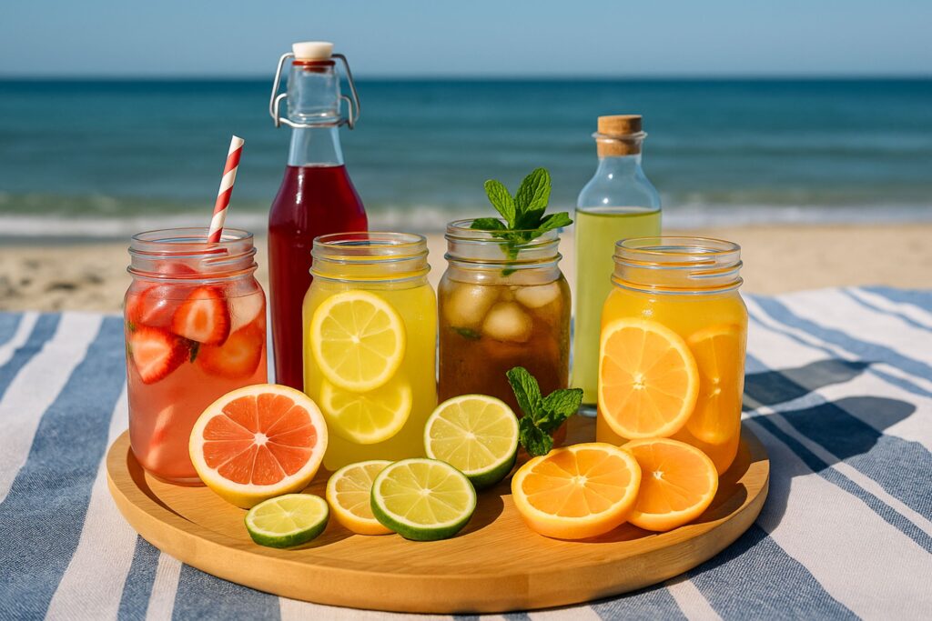 Colorful beachside mocktail setup with mason jars of fruit-infused drinks including lemon, orange, lime, strawberry, and mint flavors, placed on a wooden tray with fresh citrus slices, set against a sunny ocean backdrop on a striped picnic cloth.