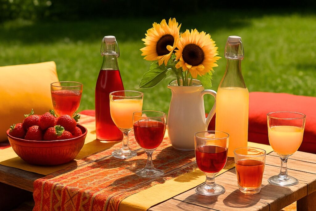 Bright summer drink station on a wooden table with glasses and bottles of red and yellow juice, a bowl of fresh strawberries, and a white pitcher holding sunflowers, all set against a green garden backdrop with vibrant cushions and a patterned table runner.