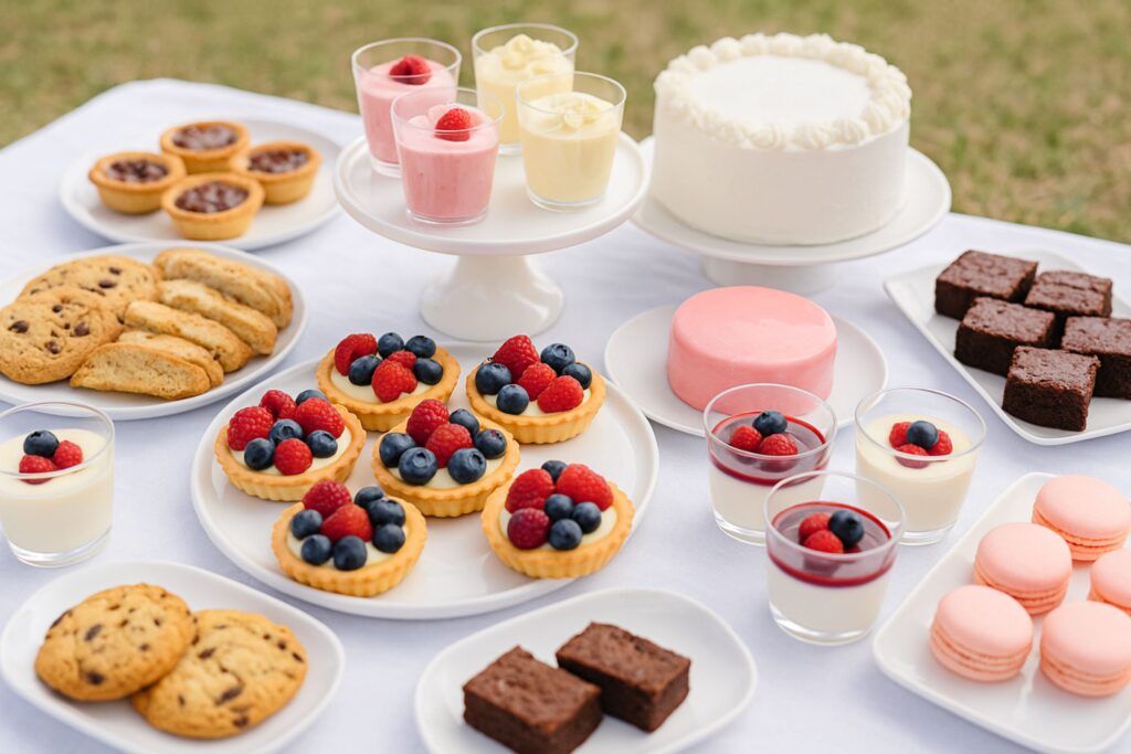 Close-up of vibrant dessert picnic table featuring raspberry tart, pink cupcakes, panna cotta with berry coulis, blondies, macarons, chocolate brownies, lemon mousse jars, fruit skewers, and assorted tarts, perfect for outdoor sweet gathering ideas.