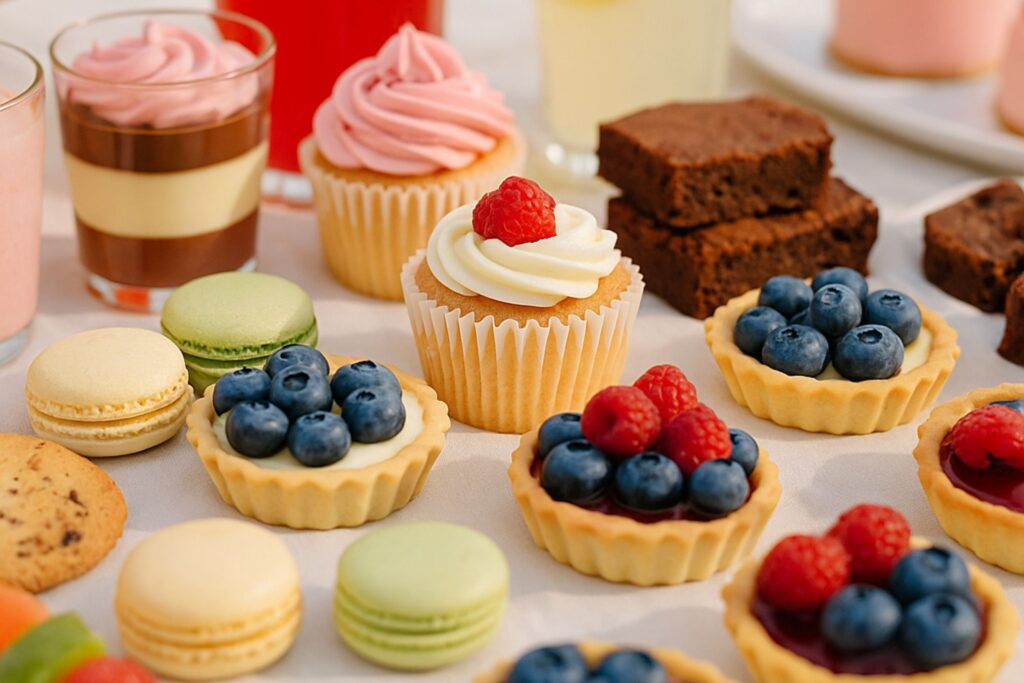 Close-up outdoor dessert picnic table filled with creamy sweets, cookies, and cakes, including strawberry parfaits, chocolate chip cookies, pink and vanilla cupcakes, raspberry tarts, layered mousse jars, a pink frosted cake, and assorted macarons, all arranged on white plates for an inviting summer sweet table.