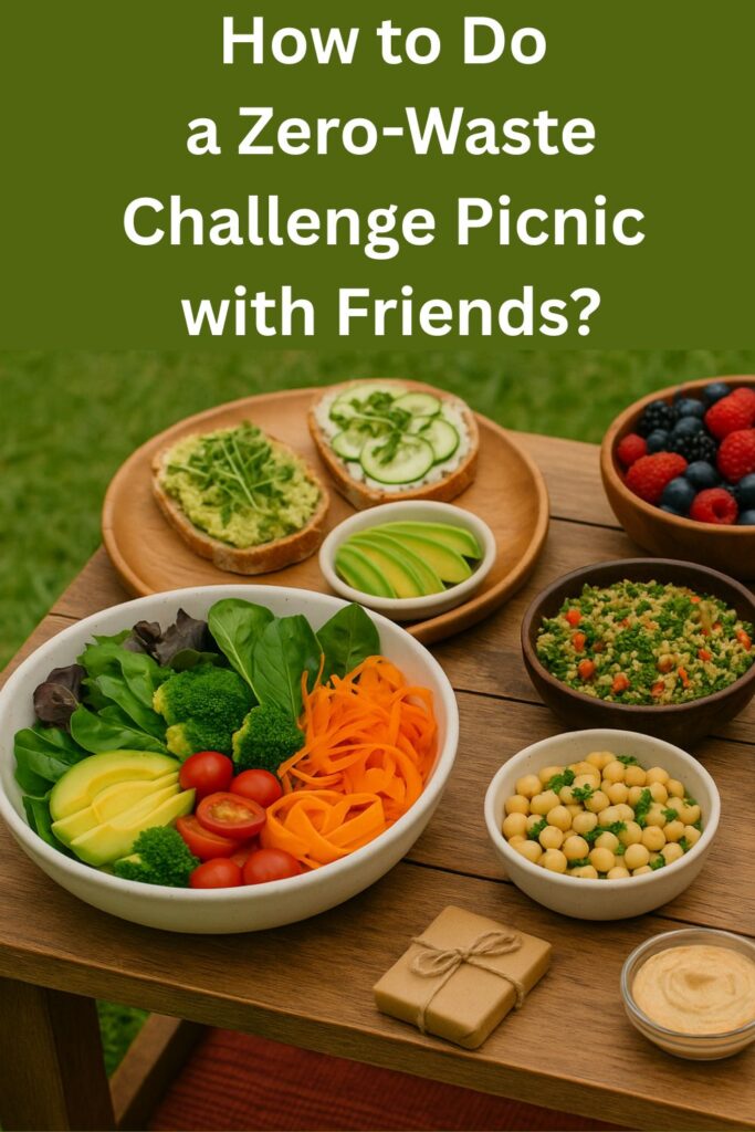 ChatGPT said:
Zero-waste picnic table featuring eco-friendly, plant-based foods like fresh vegetable salad, chickpeas, avocado toast, hummus, quinoa tabbouleh, berries, and plastic-free packaging, set outdoors with the question “How to Do a Zero-Waste Challenge Picnic with Friends?” displayed above.