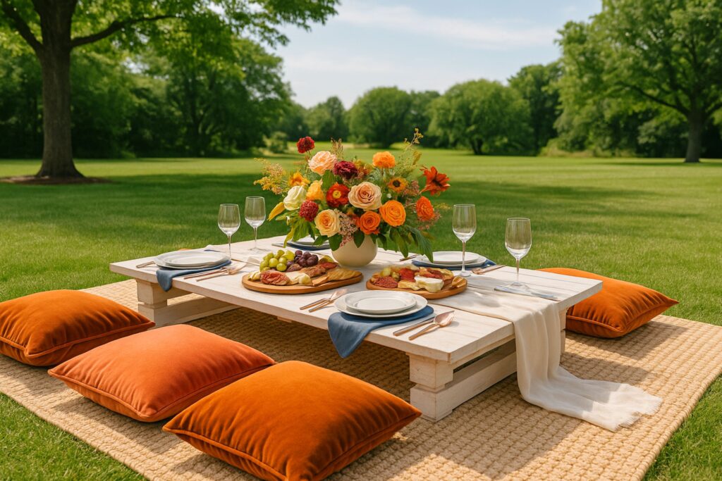 Outdoor picnic setup on a low wooden table with bright orange cushions, charcuterie boards of cheese, grapes, and salami, elegant wine glasses, and a colorful floral centerpiece in a sunny green park.