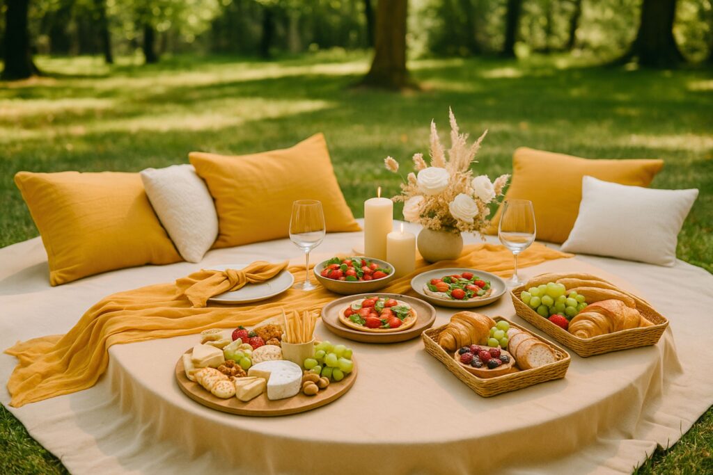 Luxurious outdoor picnic setup on a soft beige blanket with mustard yellow pillows, featuring a spread of gourmet food including cheese platter with brie, grapes, almonds, and breadsticks, fresh croissants with berries, mini pizzas topped with tomatoes and basil, and bowls of strawberries and grapes, accented by lit candles and a floral arrangement in a sunlit green park.