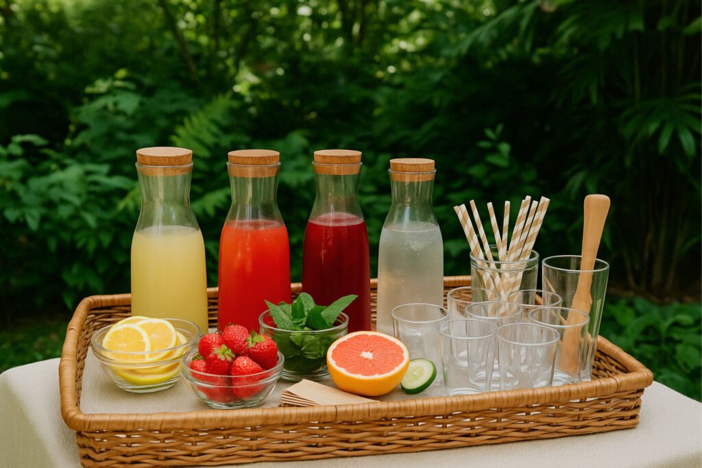 Mocktail tasting bar setup in a wicker tray featuring four glass carafes of colorful fruit beverages, surrounded by clear glasses, eco-friendly straws, a muddler, and garnishes like strawberries, lemon slices, mint, cucumber, and grapefruit, arranged in a lush garden setting.