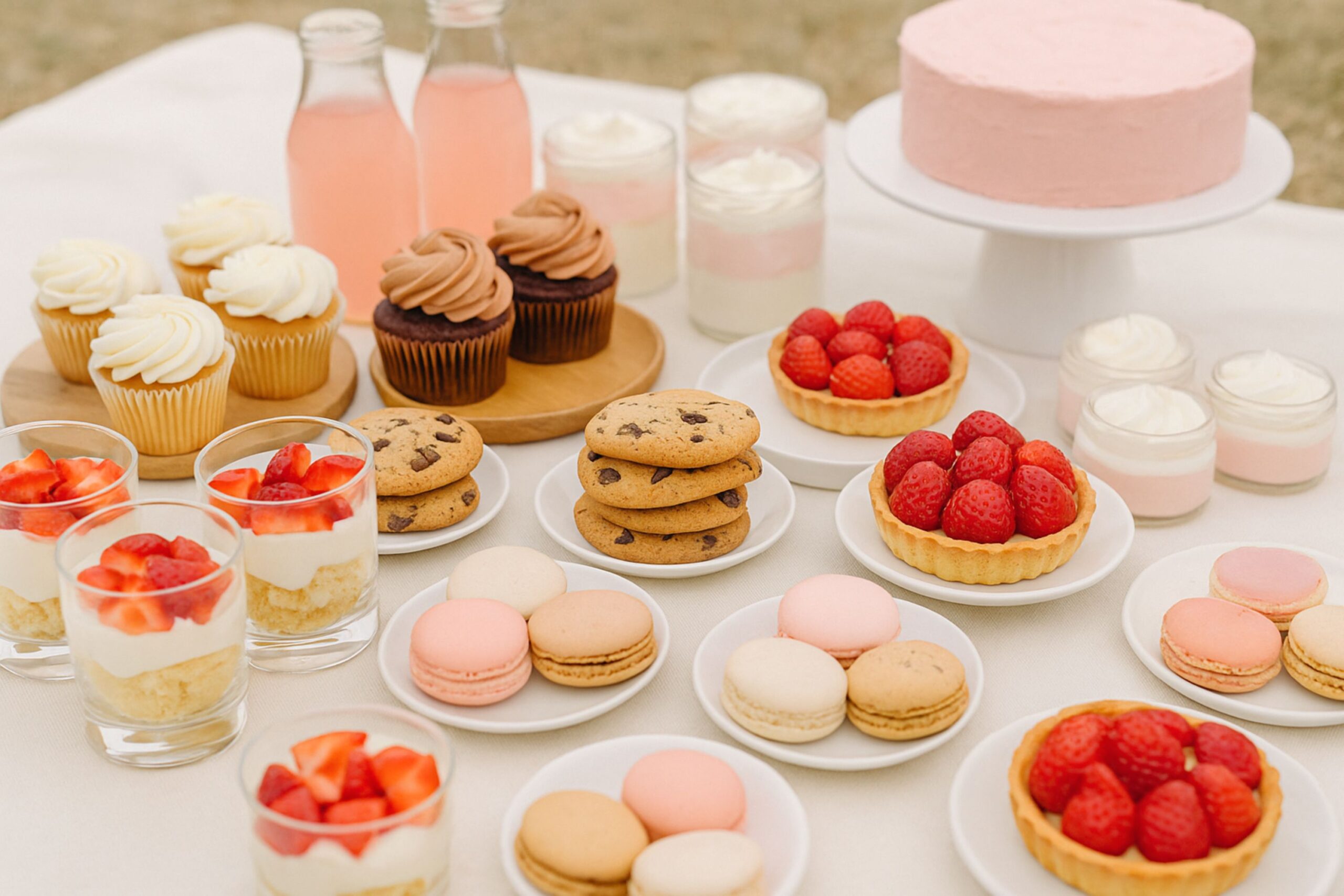 Close-up view of assorted picnic desserts on a white tablecloth including fruit tartlets with blueberries and raspberries, pink mousse cakes, chocolate brownies, panna cotta cups, cookies, macarons, and layered mousse glasses for a summer dessert picnic.