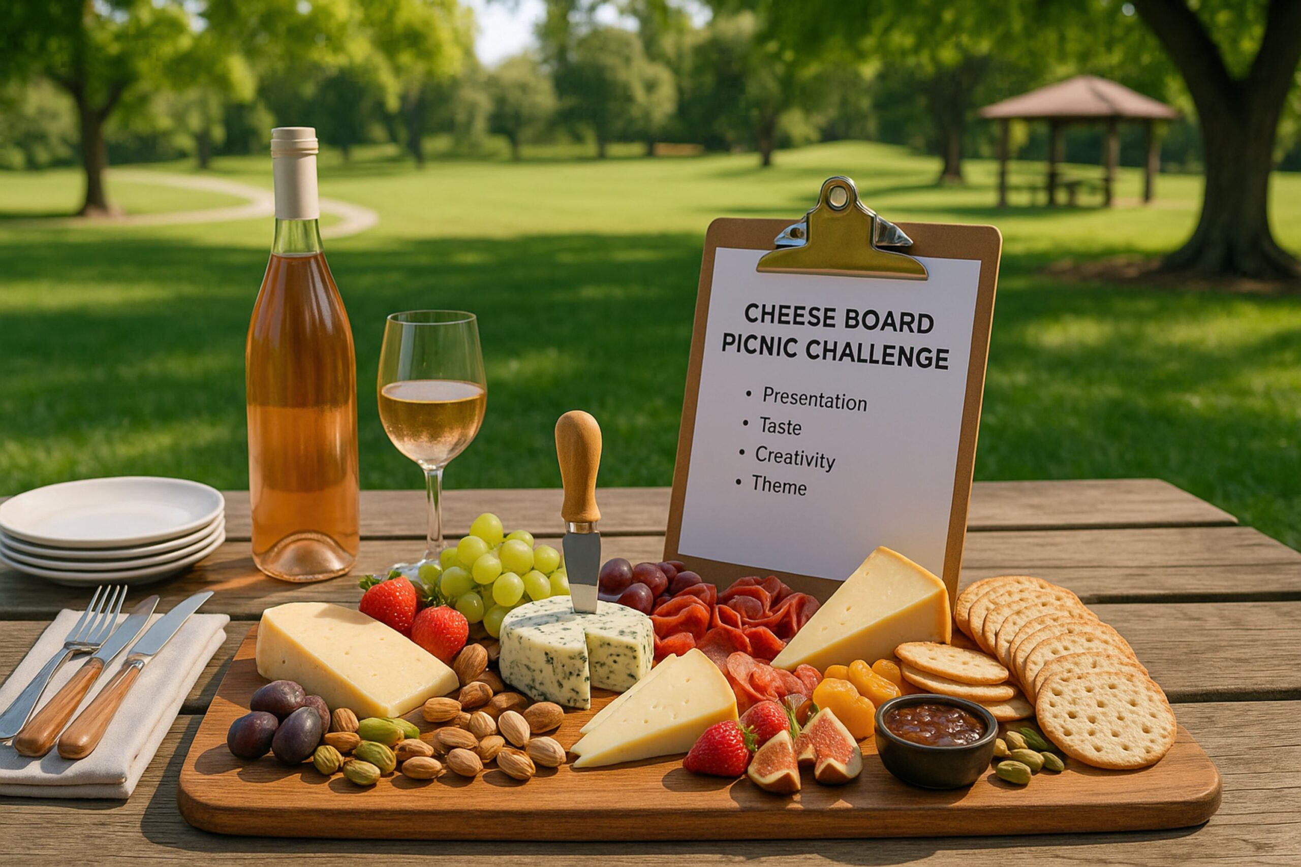 outdoor picnic scene featuring a gourmet cheese board challenge setup on a wooden table in a park, with assorted cheeses, crackers, grapes, figs, strawberries, nuts, charcuterie, and a bottle of wine, surrounded by green trees and open lawn, perfect for cheese board picnic competition inspiration.