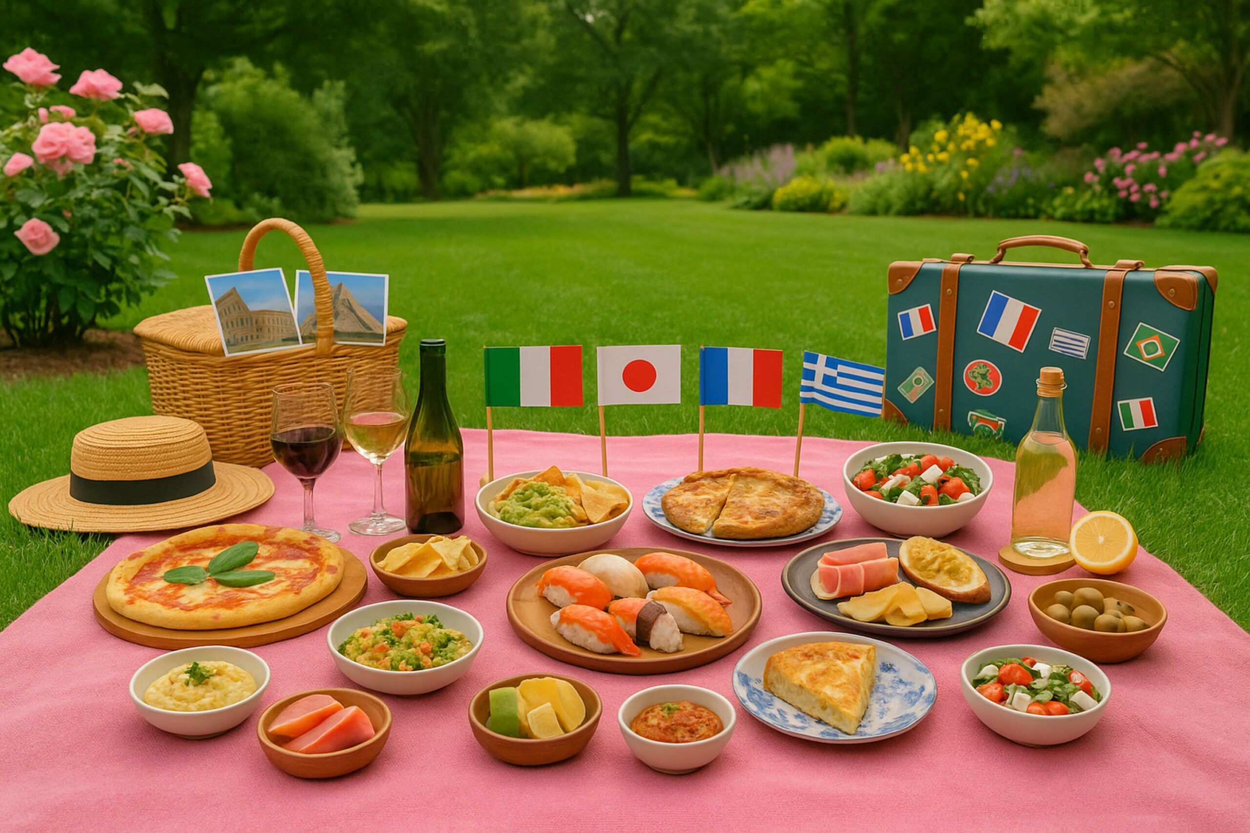 Travel-inspired picnic setup in a lush green park with international foods like sushi, guacamole with chips, Italian pizza, French quiche, Greek salad, and Spanish tapas, arranged on a bright pink blanket beside a wicker basket, wine glasses, travel photos, and a vintage suitcase decorated with global stickers—perfect multicultural picnic idea for food lovers.