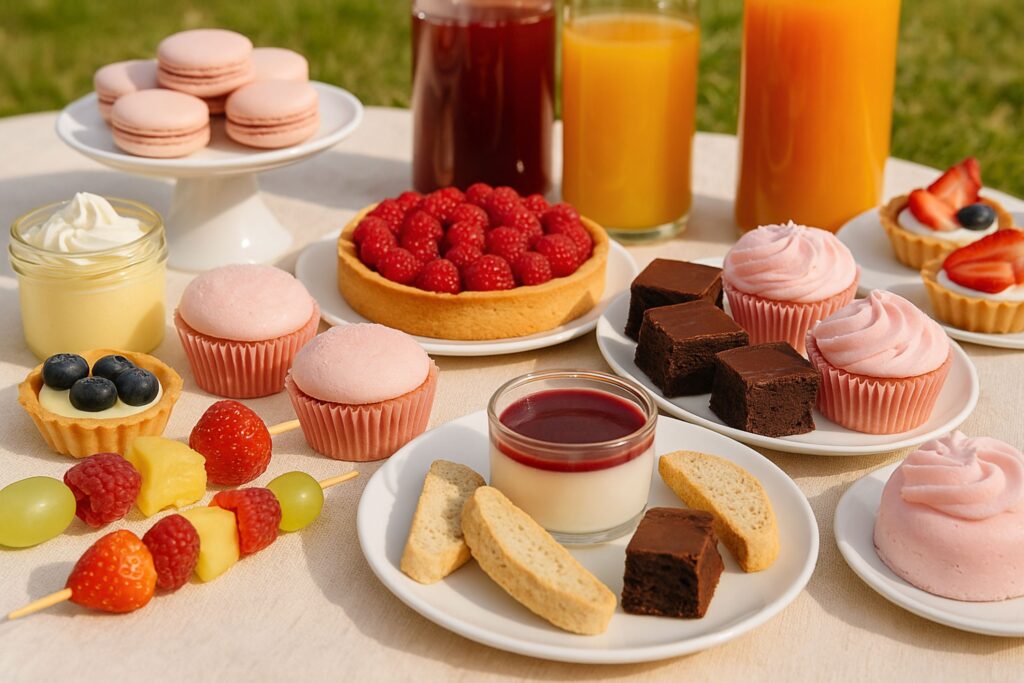 Outdoor dessert picnic setup on a beige checkered blanket with a three-tier stand of macarons, fruit tartlets, and brownies, surrounded by panna cotta, biscotti, fresh strawberries, chocolate tarts, and colorful fruit skewers, ideal for sweet picnic inspiration.