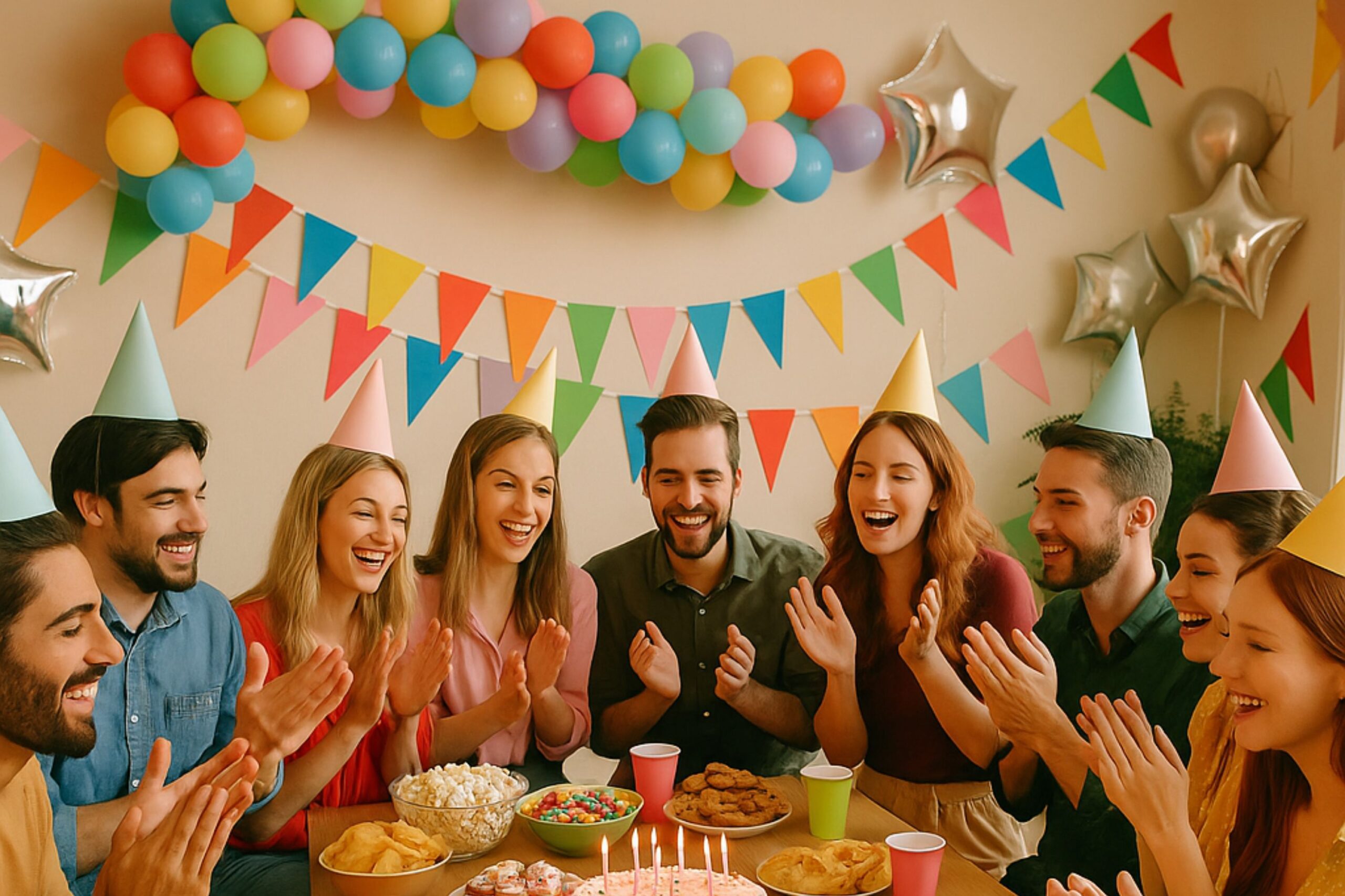 Indoor birthday picnic party with a large group of adult friends gathered around a decorated table, celebrating with a pink cake, cupcakes, snacks, drinks, and colorful party hats, surrounded by balloons, garlands, and vibrant bunting in a cozy home setting.