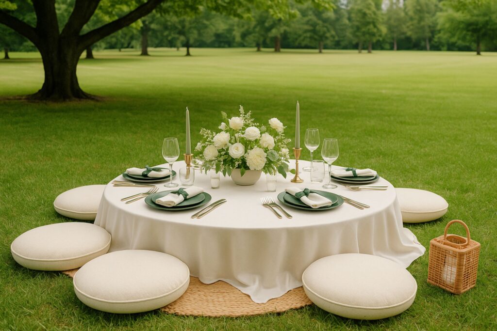 Luxurious outdoor picnic table setup on lush green lawn with round white cushions, elegant white tablecloth, green and white floral centerpiece, gold cutlery, crystal wine glasses, and decorative lantern — perfect for upscale garden party, wedding picnic, or al fresco dining experience.