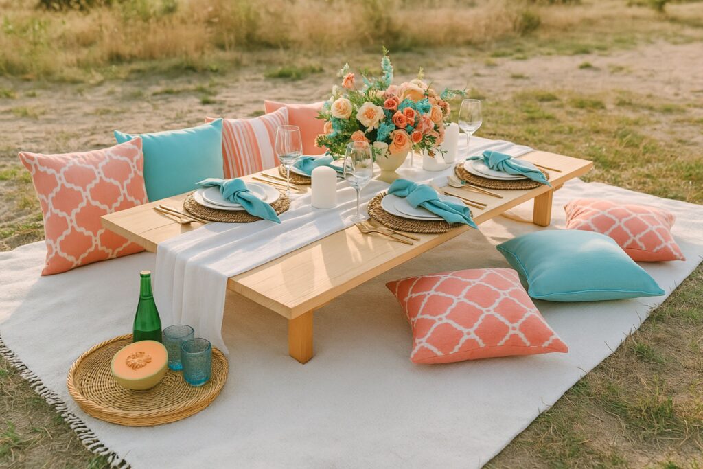Elegant outdoor picnic setup on a cream blanket with a low wooden table, decorated with peach and turquoise cushions, woven placemats, teal napkins, wine glasses, and a floral centerpiece of roses and greenery. A wicker tray holds sparkling water, blue glasses, and fresh cantaloupe, creating a stylish and inviting picnic dining scene in a sunny meadow.