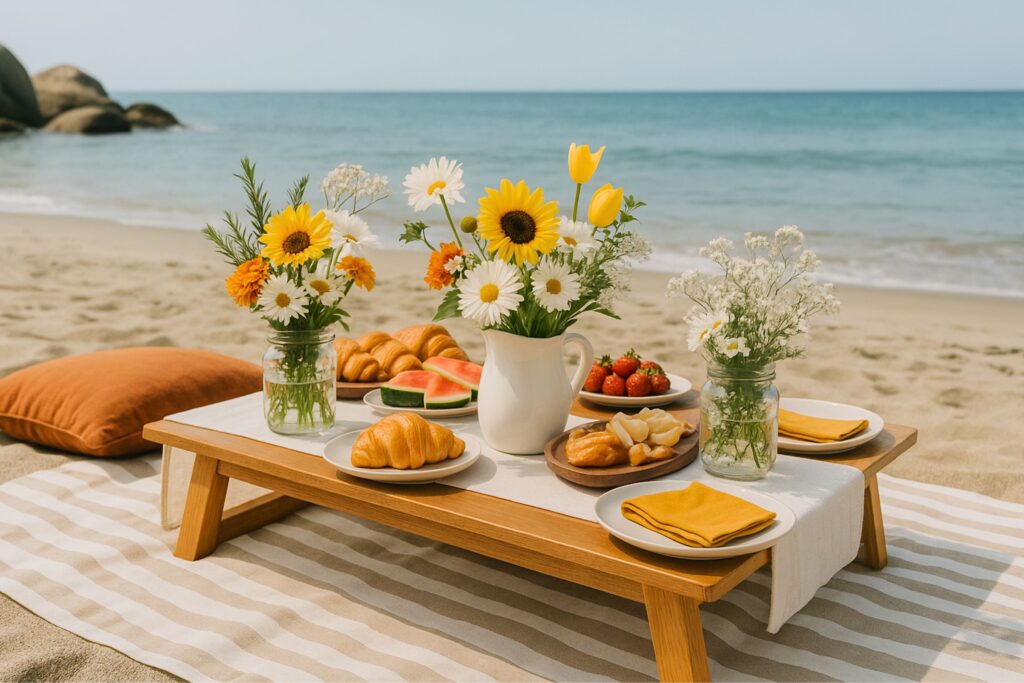 Charming beach picnic setup with a low wooden table on a striped blanket, decorated with sunflowers and daisies in jars, surrounded by croissants, watermelon, strawberries, pastries, and vibrant yellow napkins overlooking the ocean waves.