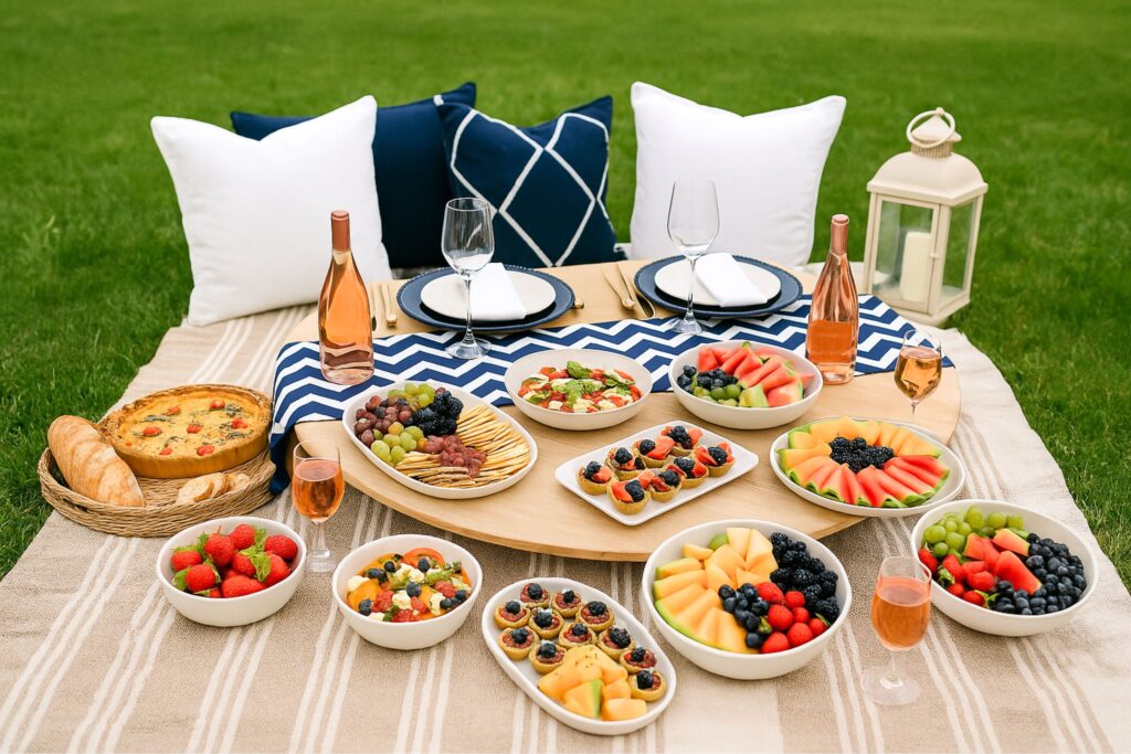 Elegant outdoor picnic setup on a beige striped blanket with a low wooden table, featuring fresh fruit platters of melon, watermelon, grapes, strawberries, blackberries, and blueberries, assorted mini tarts, a savory quiche with bread, colorful caprese salad, cheese and cracker board with grapes, and two bottles of rosé wine with glasses. White and navy pillows add comfort, while a decorative lantern completes the cozy garden atmosphere.