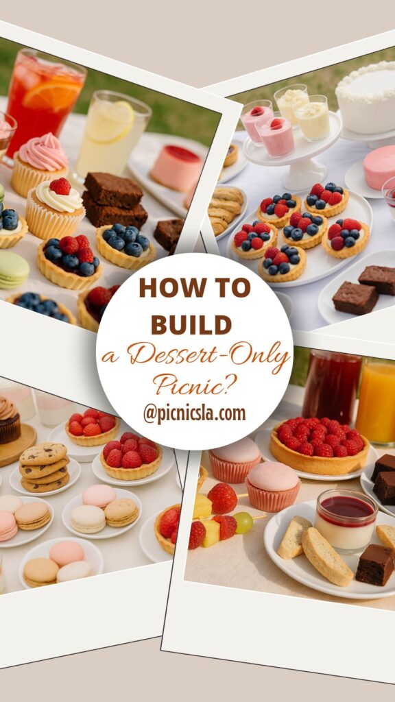 Collage-style Pinterest pin featuring an assortment of outdoor dessert picnic ideas, including cupcakes with pink and white frosting, blueberry and raspberry fruit tartlets, chocolate brownies, panna cotta with berry coulis, layered mousse cups, chocolate chip cookies, colorful macarons, and fresh fruit skewers, with a central round white label reading “How to Build a Dessert-Only Picnic? @picnicsla.com