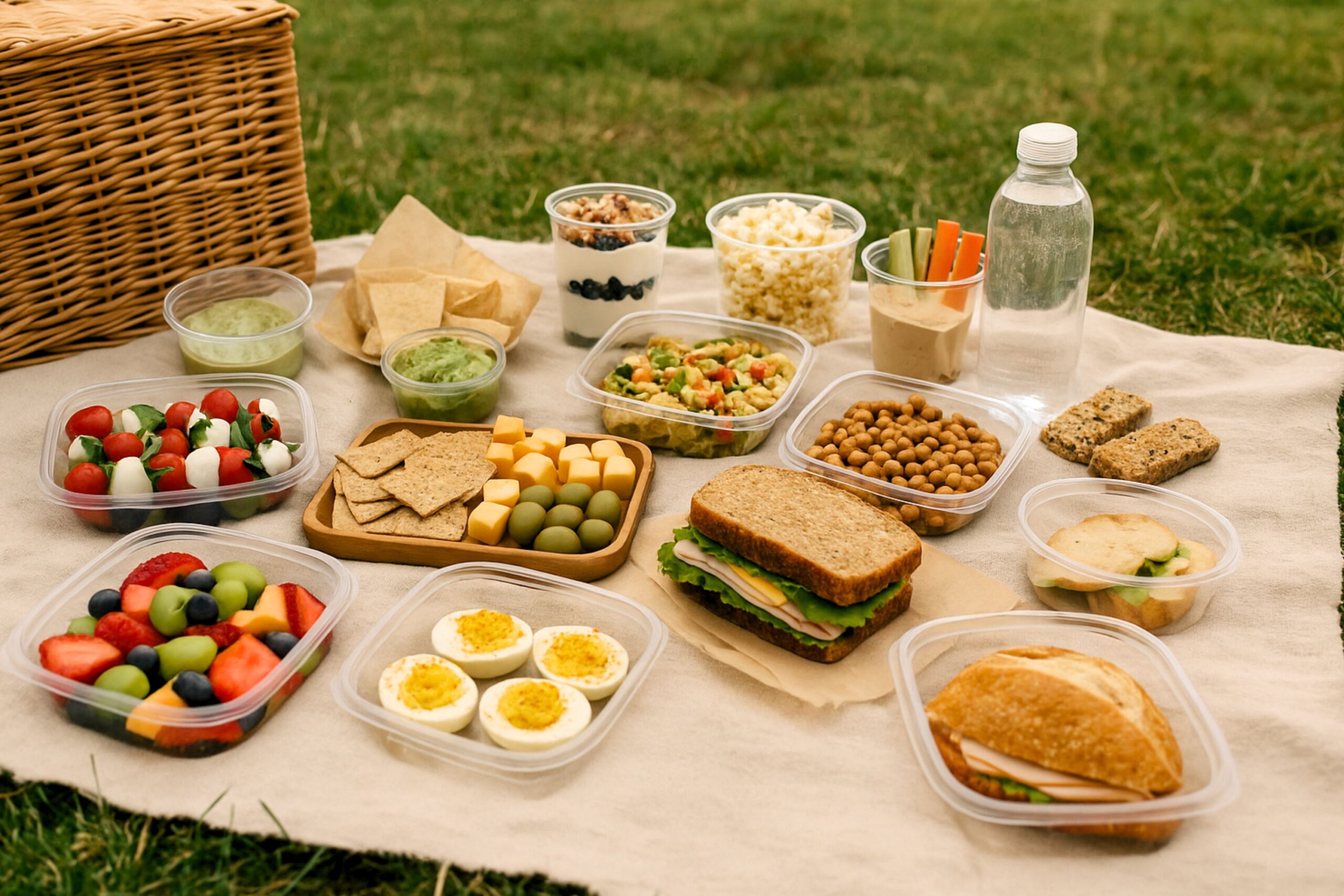 Natural outdoor picnic setup on a beige blanket spread over green grass, featuring a wicker basket and an inviting variety of fresh picnic snacks. Containers hold vibrant fruit salad with grapes, berries, and melon, Caprese skewers of mozzarella, cherry tomatoes, and basil, deviled eggs with paprika, crunchy pita chips and whole-grain crackers with cubes of cheddar cheese and green olives, roasted chickpeas, Greek yogurt parfaits layered with granola and blueberries, popcorn, veggie sticks with hummus, and assorted sandwiches including whole-grain and crusty rolls filled with turkey and greens. A chilled bottle of water and small tubs of guacamole complete the well-organized park picnic scene.