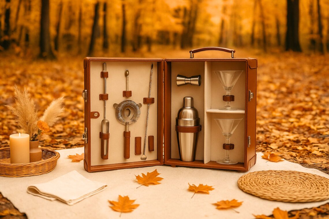 Luxury cocktail picnic set displayed in an autumn forest surrounded by golden and orange leaves. The tan leather case is open on a cream blanket, showing neatly organized stainless steel bar tools including a shaker, jigger, strainer, muddler, and spoon, along with two martini glasses secured inside. Boho picnic accents such as a wicker tray with a candle, dried pampas grass in a vase, folded napkins, and a woven placemat complete the cozy outdoor setup. Warm golden sunlight filters through the forest, highlighting the seasonal fall atmosphere.