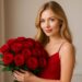 A blonde woman with long, wavy hair wearing a red evening dress holds a large bouquet of vibrant red roses. She stands indoors against a neutral background with soft natural light highlighting her fair skin, blue eyes, and gentle smile. The composition emphasizes elegance, romance, and celebration, making it suitable for a birthday or special occasion theme.