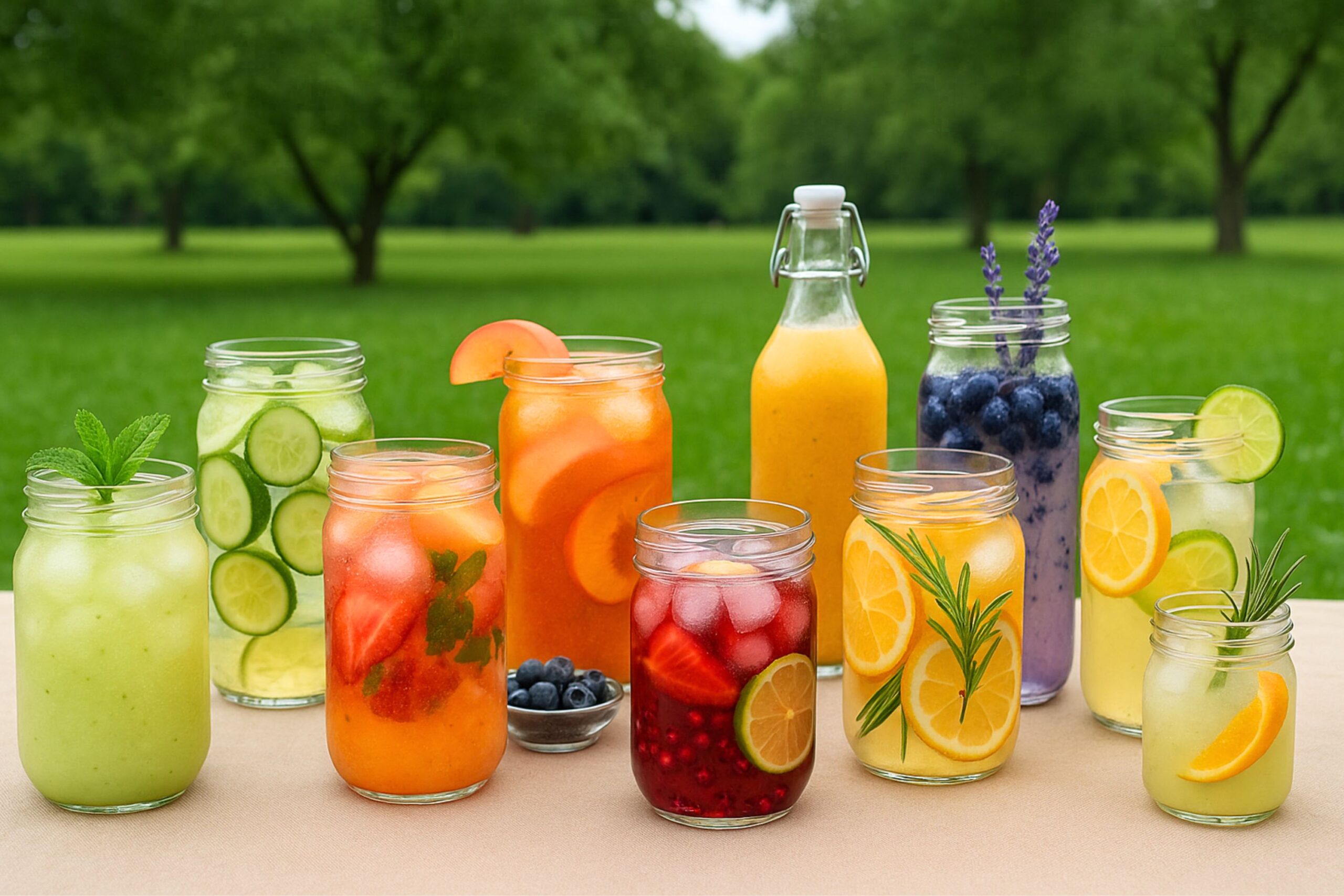 picnic photo showing twelve colorful non alcoholic drinks in jars and bottles arranged on a beige tablecloth in a green park. The drinks include citrus lemonade with rosemary, cucumber sparkling water, mango smoothie, hibiscus iced tea, blueberry lavender infusion, and fruit punches, each garnished with fresh herbs, fruit slices, or berries. The natural daylight highlights the vivid reds, yellows, oranges, greens, and purples, creating a fresh outdoor summer atmosphere.