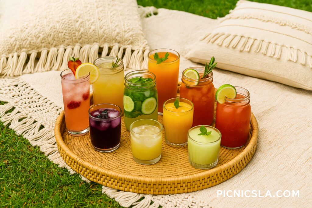 boho-style picnic setup with nine vibrant non alcoholic drinks placed on a woven rattan tray over a textured beige blanket on green grass. The drinks range from strawberry spritzers and cucumber-mint coolers to mango smoothies and blueberry herbal infusions, all in different glass and jar sizes. Cream-colored macramé pillows and soft natural light complete the cozy, stylish outdoor scene