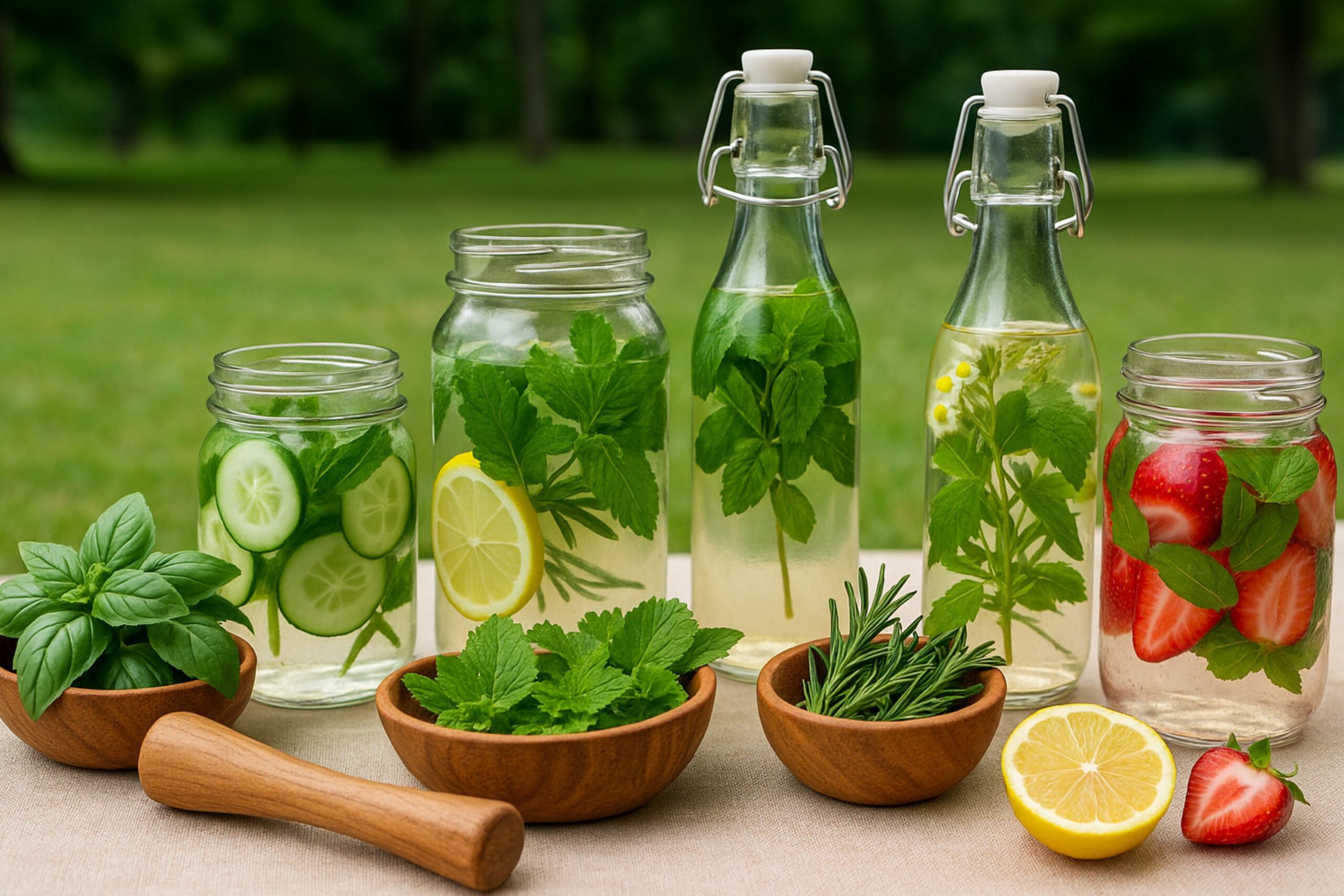 picnic photo showing five glass containers of herb-infused drinks on a beige tablecloth. The drinks include cucumber-lemon water, mint lemonade, lemon balm infusion, rosemary herbal water, and strawberry mint cooler. Fresh basil, lemon balm, and rosemary sprigs are arranged in small wooden bowls, with a cut lemon and strawberries adding color. A lush green park creates a natural background.