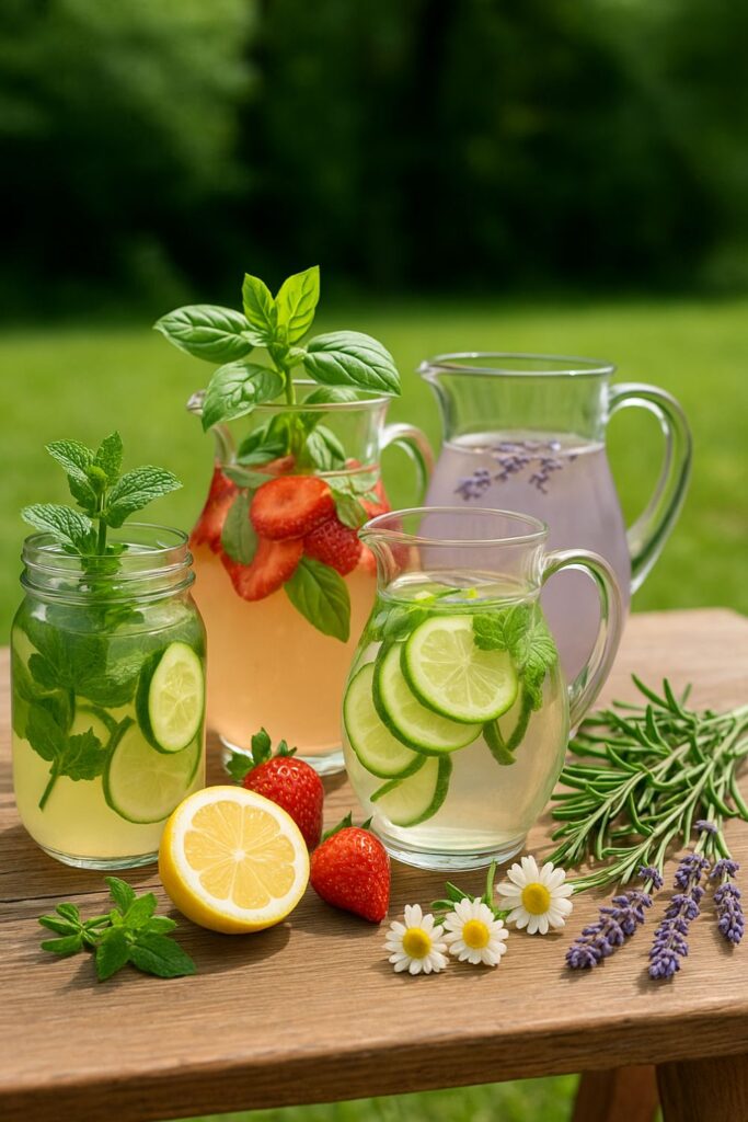 Vertical Pinterest-style photo of an outdoor picnic drink setup on a wooden table. Three clear pitchers and a jar hold herb-infused beverages: mint cucumber water, strawberry basil cooler, and lavender chamomile infusion. Fresh mint, basil, lavender sprigs, rosemary stems, strawberries, lemon halves, and small chamomile flowers are scattered for decoration. A blurred green garden completes the bright, natural scene.