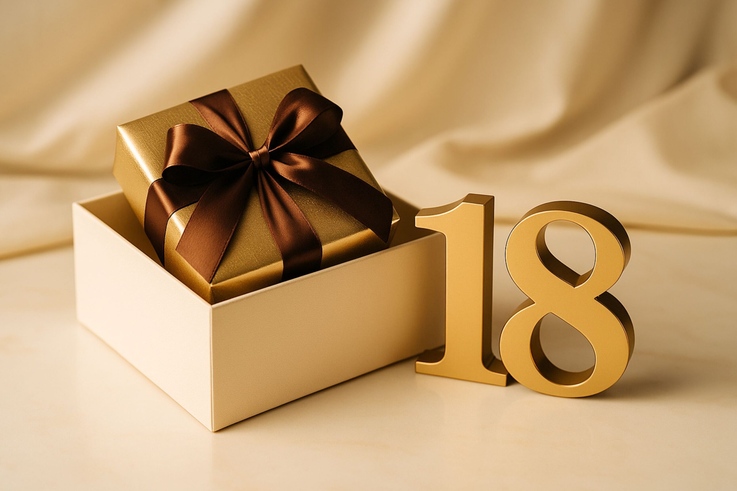 Luxury 18th birthday gift scene featuring elegant golden number 18 decorations beside a beautifully wrapped present in a cream gift box with a satin ribbon. The setup includes soft lighting, champagne tones, and refined textures on an off-white fabric background, symbolizing premium 18th birthday gift ideas. Perfect for illustrating luxury presents, elegant milestone celebrations, or stylish 18th birthday picnic ideas with a focus on sophistication, adulthood, and modern celebration aesthetics.