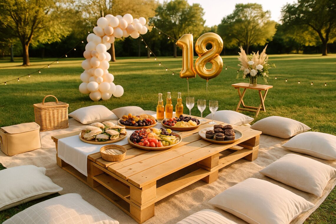 A beautifully arranged outdoor 18th birthday picnic setup in a green park during golden hour. The scene features a low wooden table covered with plates of sandwiches, fruit platters, and cupcakes, surrounded by beige cushions and soft blankets. A wicker basket and coolers sit nearby, while a white balloon arch and large gold “18” balloons serve as the decorative focal point. In the background, string lights and floral arrangements add a warm, elegant touch under the evening sunlight, creating a cozy, natural atmosphere perfect for a milestone celebration.