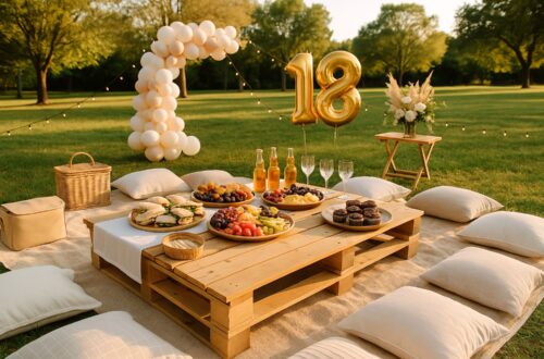A beautifully arranged outdoor 18th birthday picnic setup in a green park during golden hour. The scene features a low wooden table covered with plates of sandwiches, fruit platters, and cupcakes, surrounded by beige cushions and soft blankets. A wicker basket and coolers sit nearby, while a white balloon arch and large gold “18” balloons serve as the decorative focal point. In the background, string lights and floral arrangements add a warm, elegant touch under the evening sunlight, creating a cozy, natural atmosphere perfect for a milestone celebration.