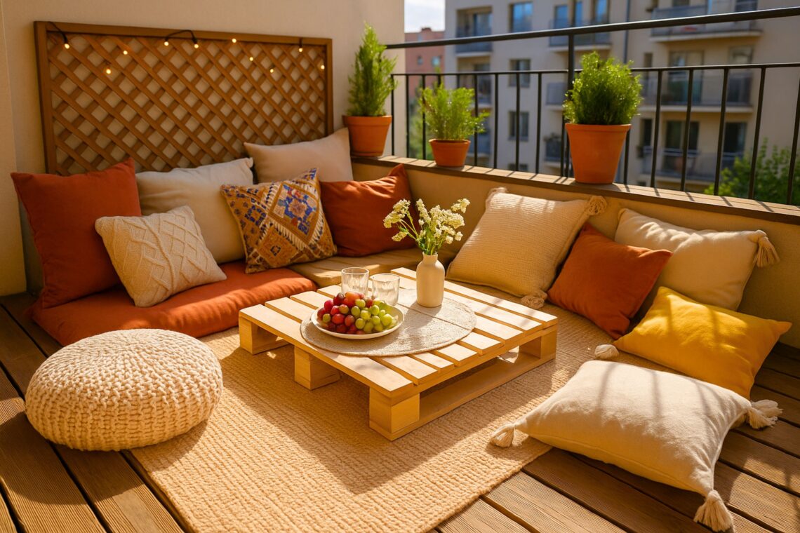 A realistic photo of a boho-style balcony picnic setup on a small apartment balcony decorated with colorful floor cushions, a low wooden table, and a woven outdoor rug. The space features warm-toned throw pillows in terracotta, mustard, and cream, surrounded by lush potted plants and hanging greenery. Soft string lights create a cozy evening glow, while lanterns and a wicker storage basket enhance the rustic décor. The setup reflects modern balcony seating ideas for small apartments, blending bohemian design, outdoor comfort, and a relaxed urban picnic aesthetic.