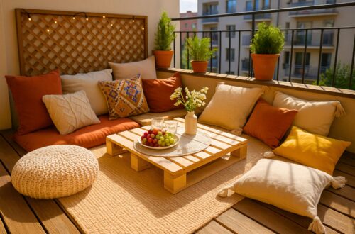 A realistic photo of a boho-style balcony picnic setup on a small apartment balcony decorated with colorful floor cushions, a low wooden table, and a woven outdoor rug. The space features warm-toned throw pillows in terracotta, mustard, and cream, surrounded by lush potted plants and hanging greenery. Soft string lights create a cozy evening glow, while lanterns and a wicker storage basket enhance the rustic décor. The setup reflects modern balcony seating ideas for small apartments, blending bohemian design, outdoor comfort, and a relaxed urban picnic aesthetic.