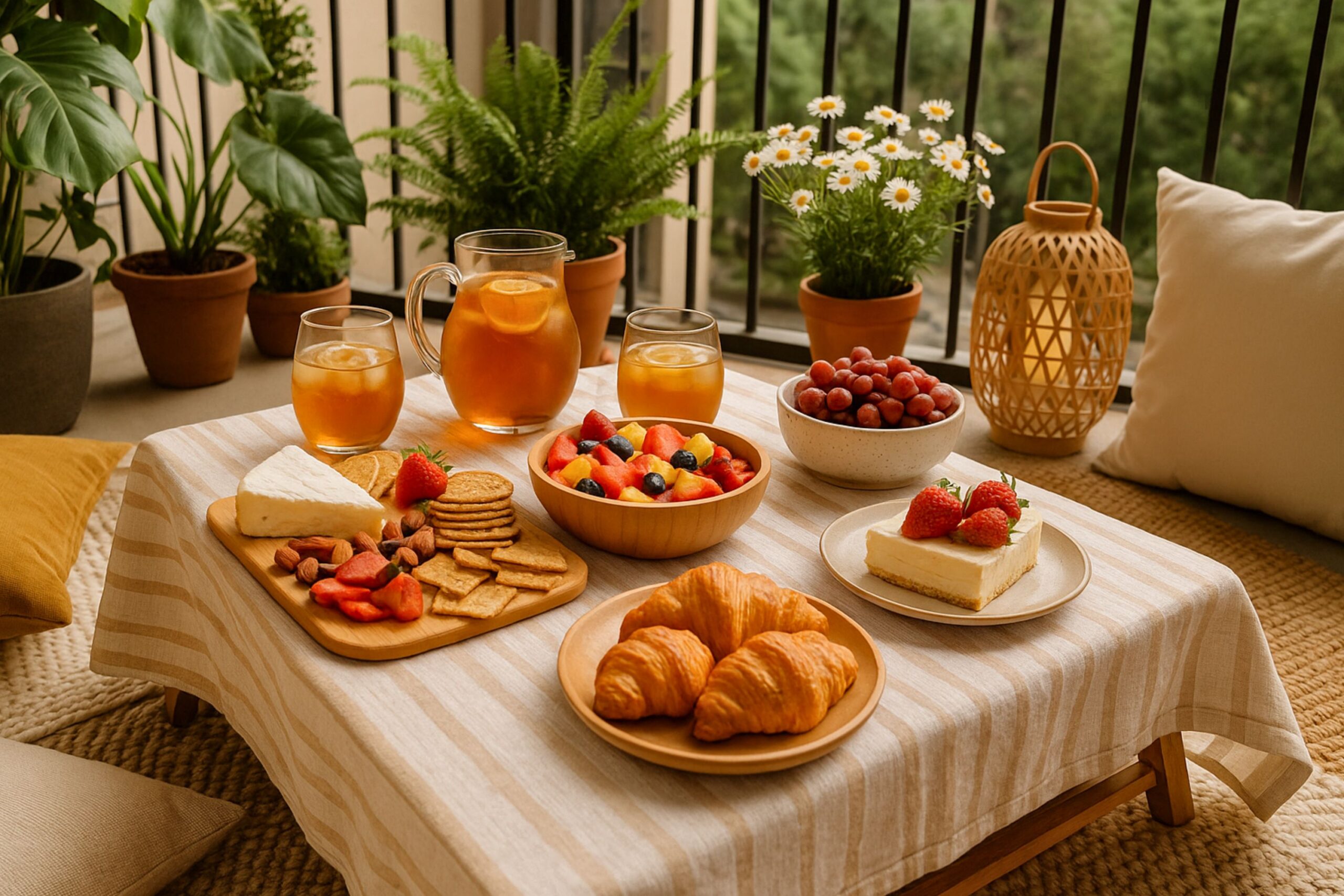 A realistic photo of a small balcony picnic setup featuring a low wooden table surrounded by colorful floor cushions. On the table, there’s a cheese board with assorted cheeses, fruits, and pastries, along with glasses of lemonade and tea. Soft sunlight filters through potted plants, while string lights and woven rugs create a cozy, inviting atmosphere ideal for outdoor dining in a small apartment balcony.