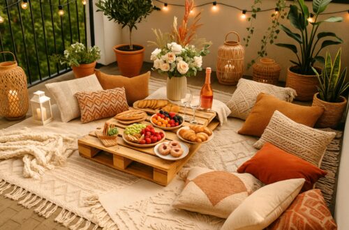 photo of a boho-style balcony picnic setup in a small urban apartment. The balcony floor is covered with layered woven picnic blankets and colorful patterned rugs, surrounded by numerous decorative cushions in warm shades of terracotta, cream, mustard, and sage. A low wooden table holds an assortment of picnic food, including fresh fruit, pastries, and glasses of juice. The scene is styled with potted plants, hanging flowers, and rattan baskets, while lanterns and woven trays add cozy texture. Soft daylight highlights the mix of natural materials, creating a relaxed, vibrant, and inviting boho balcony decor perfect for an outdoor meal.