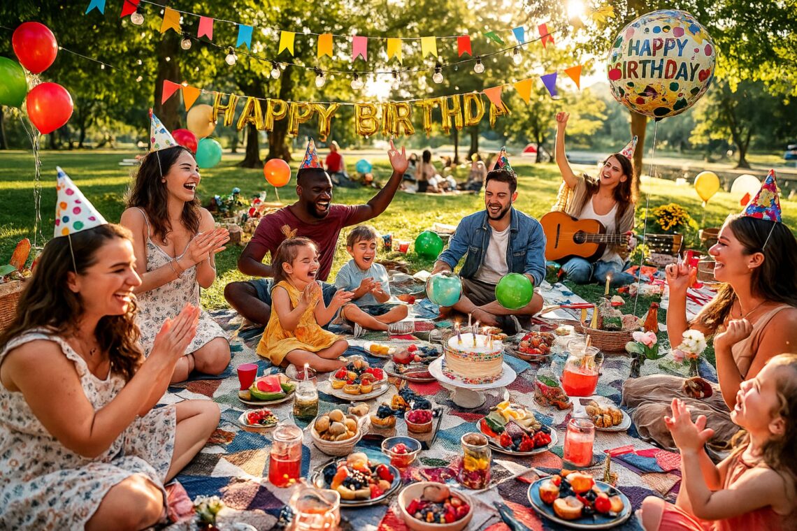 outdoor birthday picnic celebration in a sunny park with four friends laughing and enjoying the day. A woman wearing a light dress and a birthday hat sits on a picnic blanket surrounded by baskets, fresh food, and colorful balloons. Soft sunlight filters through green trees, creating a warm, cheerful atmosphere. Plates of fruit, drinks, and a small birthday cake add to the festive mood, perfectly capturing the essence of a joyful birthday picnic gathering filled with laughter, friendship, and natural beauty.