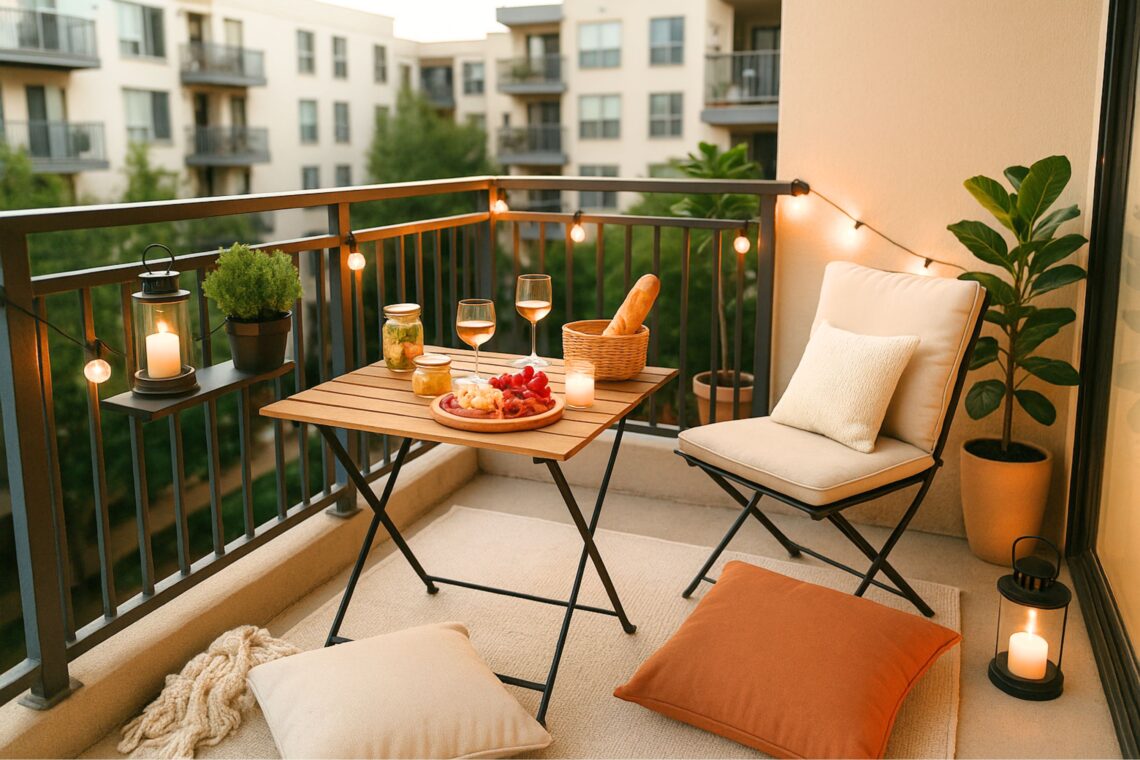 photo of a cozy small apartment balcony picnic setup in Los Angeles at sunset. The balcony features a wooden folding table with two glasses of white wine, a round wooden board with grapes, cheese, and sliced meat, and a wicker basket holding a baguette. LED string lights hang along the metal railing, with lanterns and potted plants adding warmth and greenery. Soft beige and rust-colored cushions sit on a neutral outdoor rug beside a knitted throw blanket. The background shows modern apartment buildings surrounded by trees, creating a calm urban atmosphere perfect for evening dining.